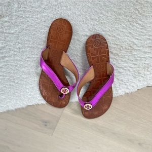 Tory Burch Leather Thora Flip Flop, Fuchsia with Metallic Gold, Box Included
